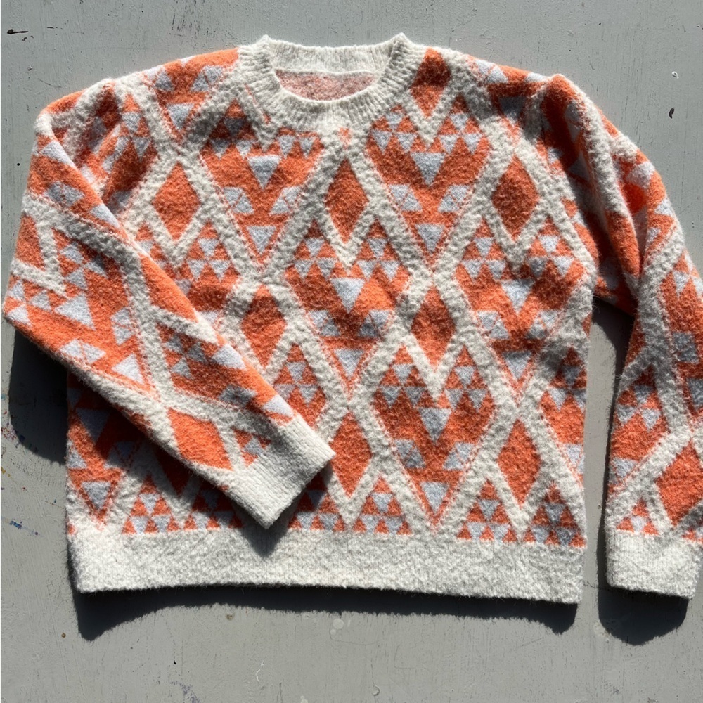 Women's Knit Mix Sweater Multicolor Diamond S PILLING Preppy Cottage City Granny